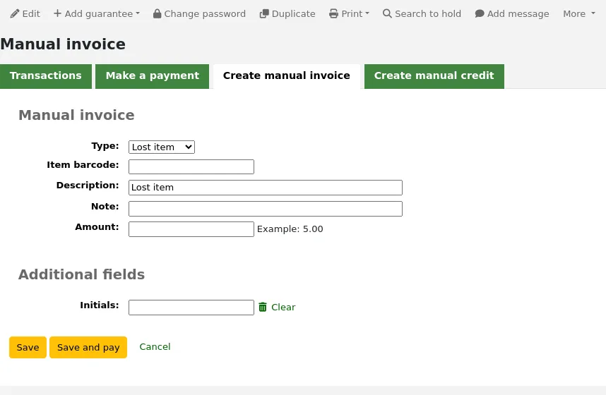 Create manual invoice form