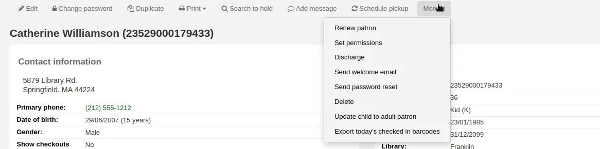 More button in a patron's account is open, the options are renew patron, set permissions, send welcome email, send password reset, delete, update child to adult patron, and export today's checked in barcodes