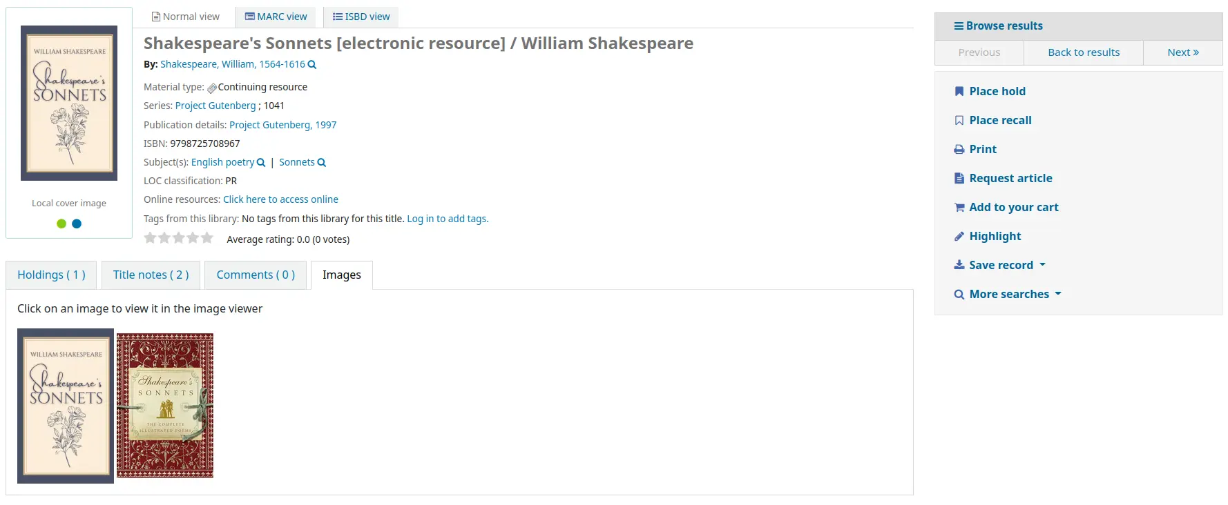 Detailed record in the OPAC, the record has two local cover images displayed in the 'Image' tab. The thumbnail next to the title is the first cover image, with two dots under it to switch from one image to the other.
