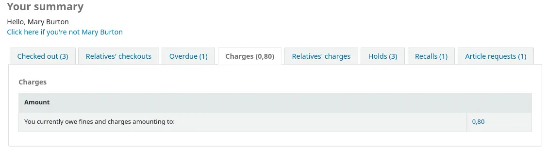The Charges tab in a patron's summary page on the OPAC