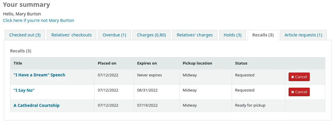 The Recalls tab in a patron's summary page on the OPAC