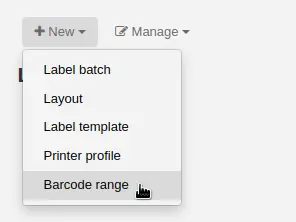 'New' menu in the label creator page is opened and the mouse cursor is on the 'Barcode range' option