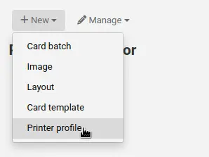 "New" button in the patron card creator is open, the mouse cursor is on the "Printer profile" option