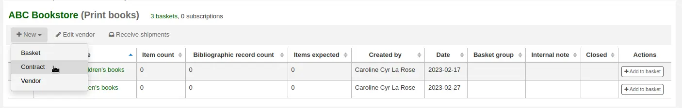 The 'Contract' option in the 'New' button under the vendor's name in the vendor search results