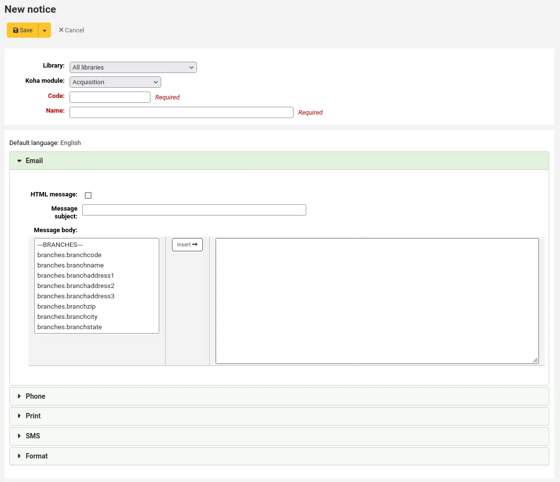 Form to create a new notice, the Email section is expanded