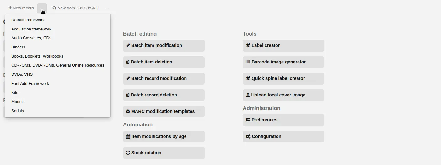 A choice of bibliographic frameworks opens when the arrow next to the 'New record' button is clicked