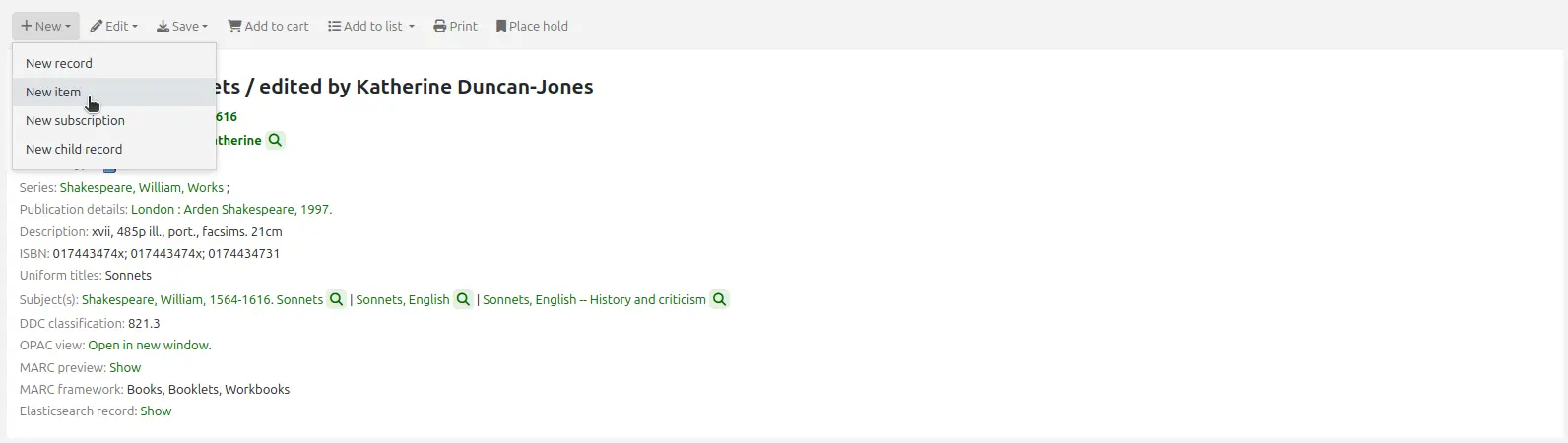 The 'New' button in a detailed record is clicked and the mouse cursor is on the 'New item' option