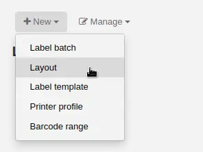 'New' menu in the label creator page is opened and the mouse cursor is on the 'Layout' option