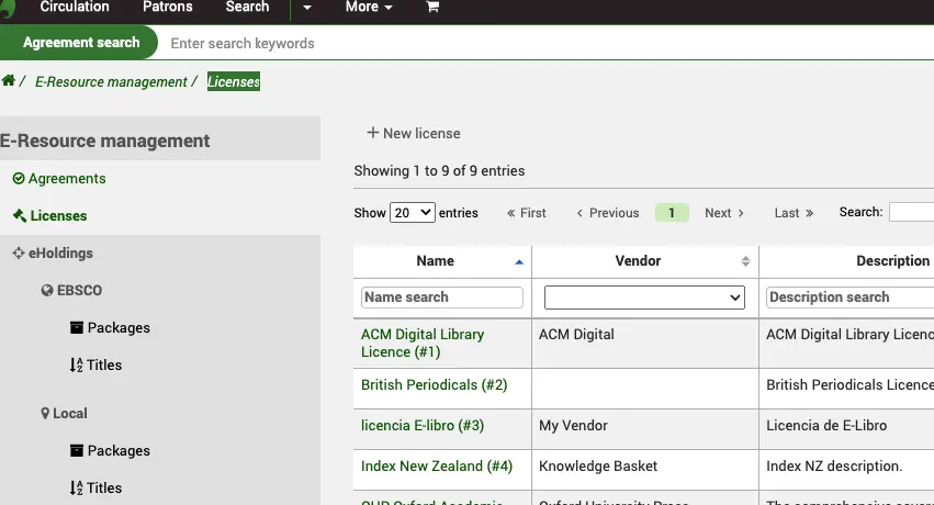 In the E-Resource management module Licenses section, the focus is on the 'New license' button.