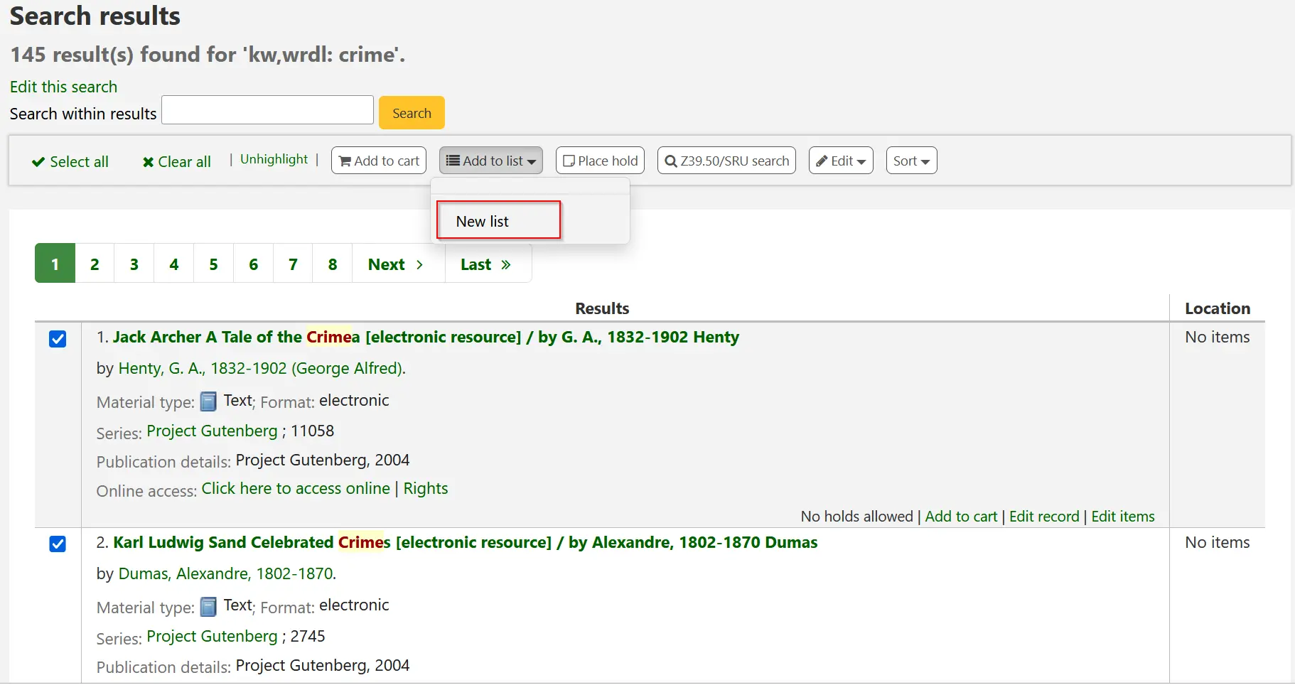 Creating a new list from search results