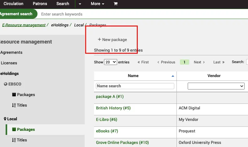 In the eHoldings Local Packages section, the focus is on the 'New package' button.