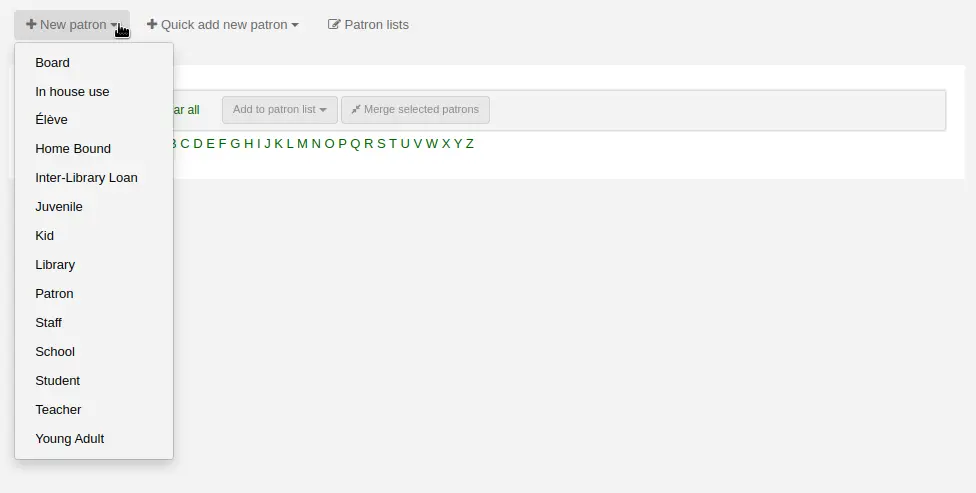 Drop down of patron categories when adding a new patron