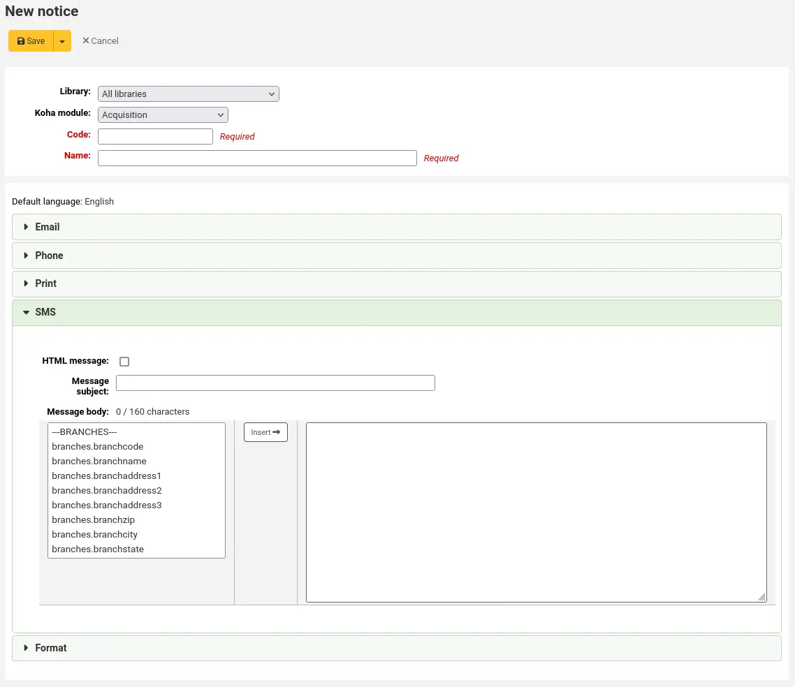 Form to create a new notice, the SMS section is expanded