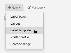 'New' menu in the label creator page is opened and the mouse cursor is on the 'Label template' option