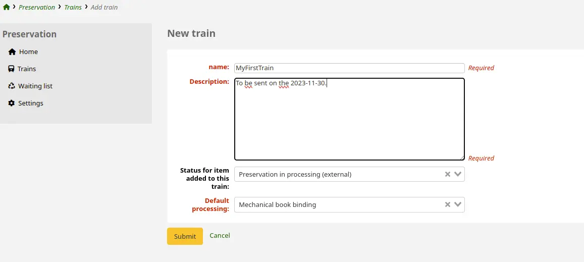 Page to create and add a new preservation train to the preservation module