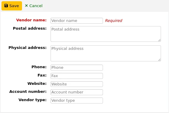 Company details section of the new vendor form