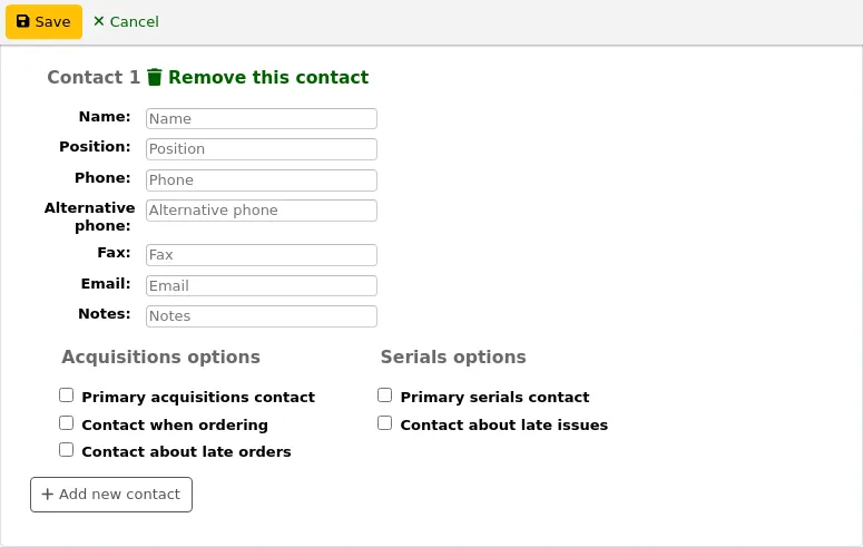 Contacts section of the new vendor form