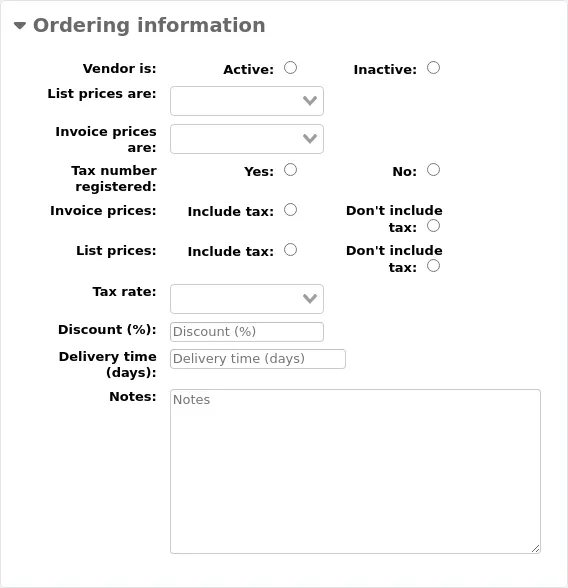 Ordering information section of the new vendor form