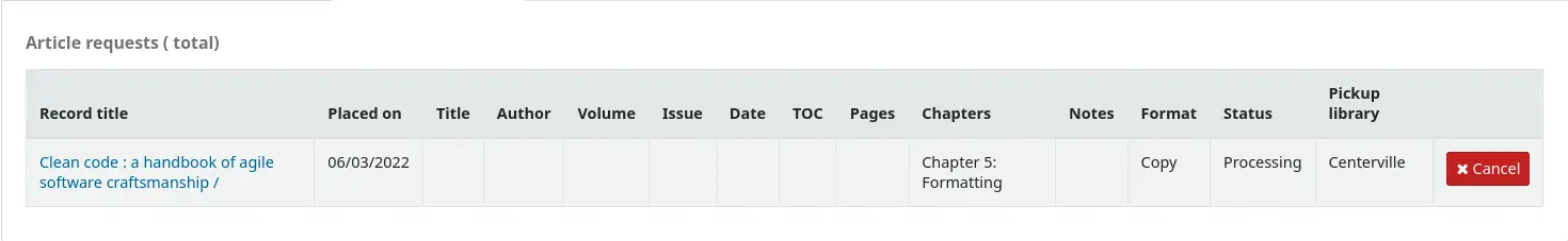 The view of an article request in the patron's account in the OPAC, the status is set to processing