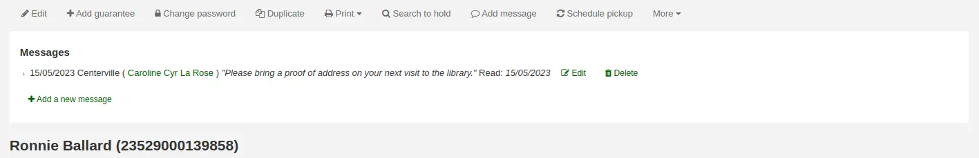 OPAC message appearing in the patron's detail page in the staff interface just under the edit buttons, 'Read: 15/05/2023' is displayed next to the message