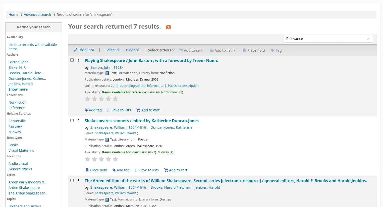 Search results list in the OPAC, facets are on the left. At the top of the page it says 'Your search returned 7 results.' followed by an RSS icon. At the top of the results list, there are buttons: Highlight, Select all, Clear all, Select title to Add to cart or Add to list, Place hold, and Tag