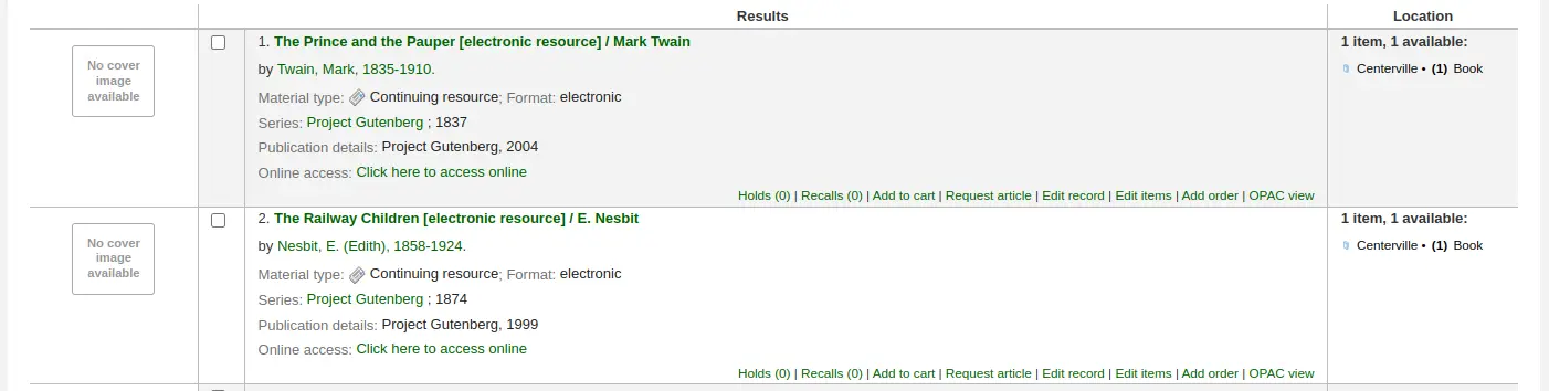 Search results from the catalog, there is an extra option 'Add order' at the bottom of each result