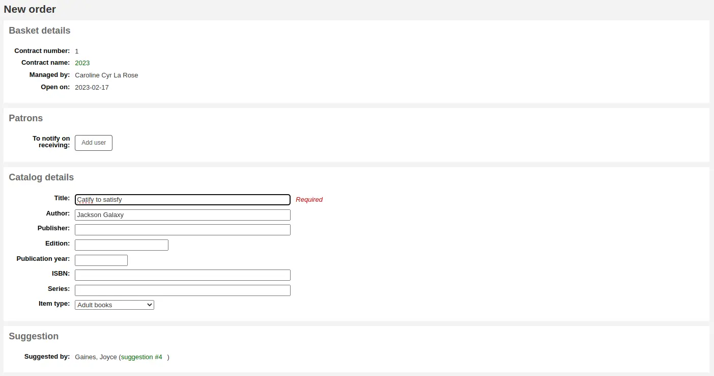 Order form with the patron's information in the suggestion section