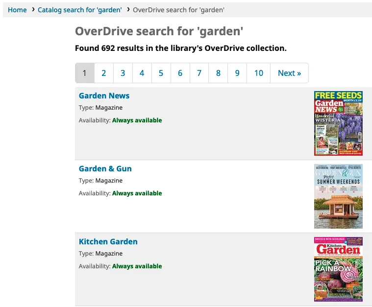 OPAC OverDrive search for 'garden', with the mention 'Found 692 results in the library's OverDrive collection' above a list of titles.