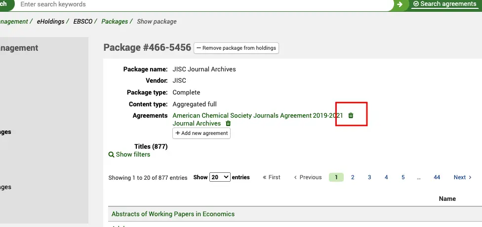Show package view; on the right of the agreement name, the bin icon is highlighted.