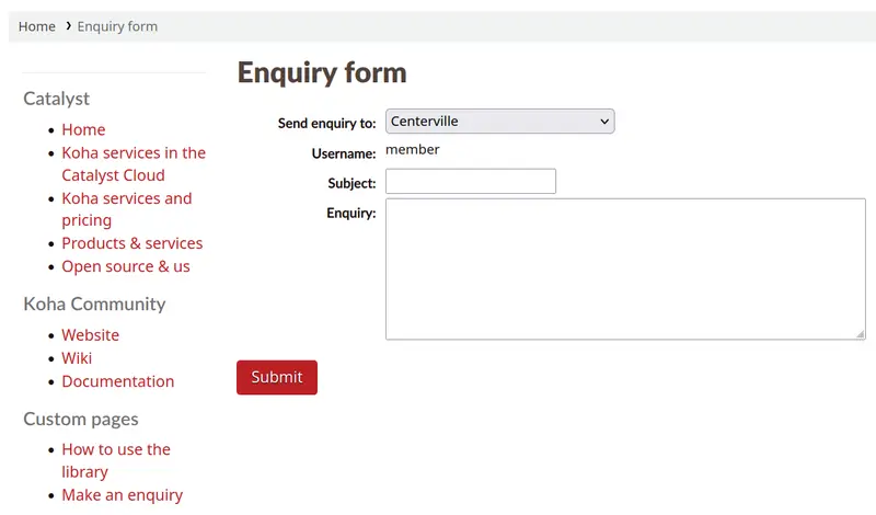Example of a custom page, with a form for patrons to send enquiries to the library