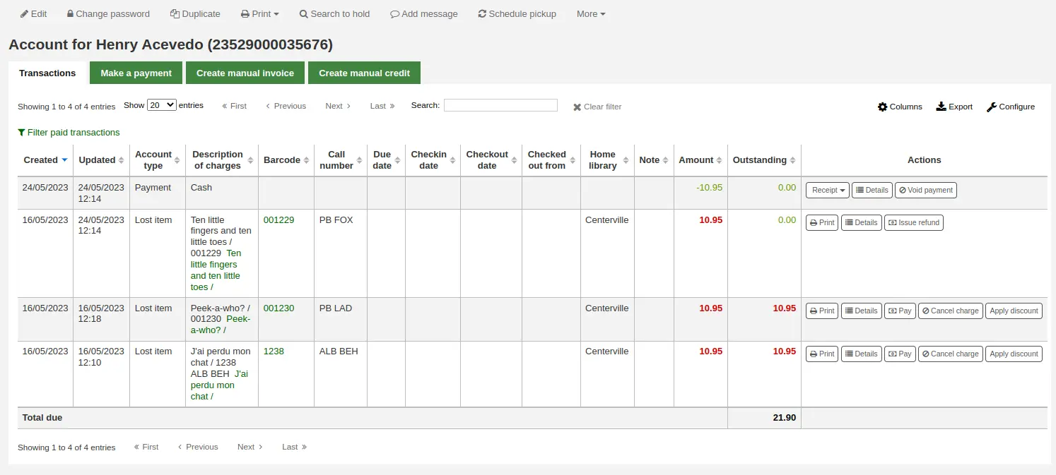 Transactions tab in the patron's accounting tab in the staff interface