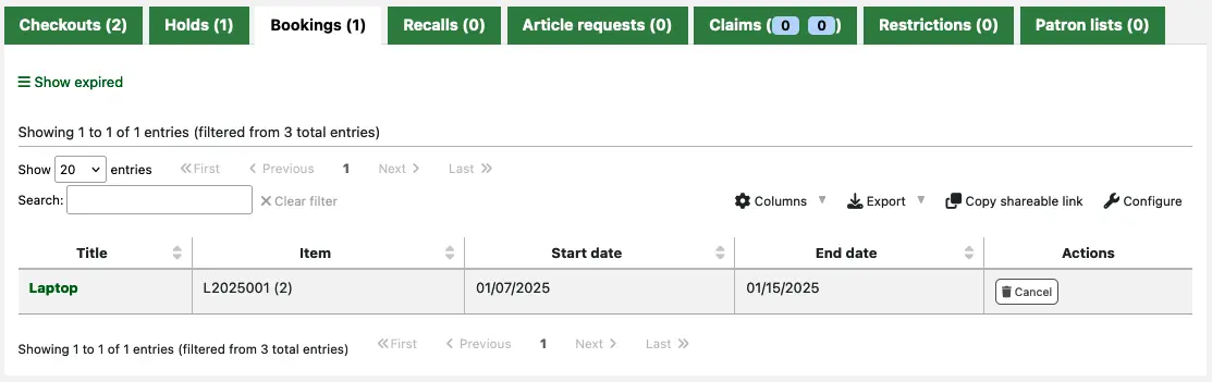 Table of patron's current bookings, showing the title, item, start and end date.