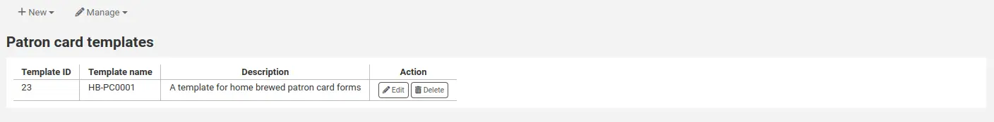 Patron card templates management page