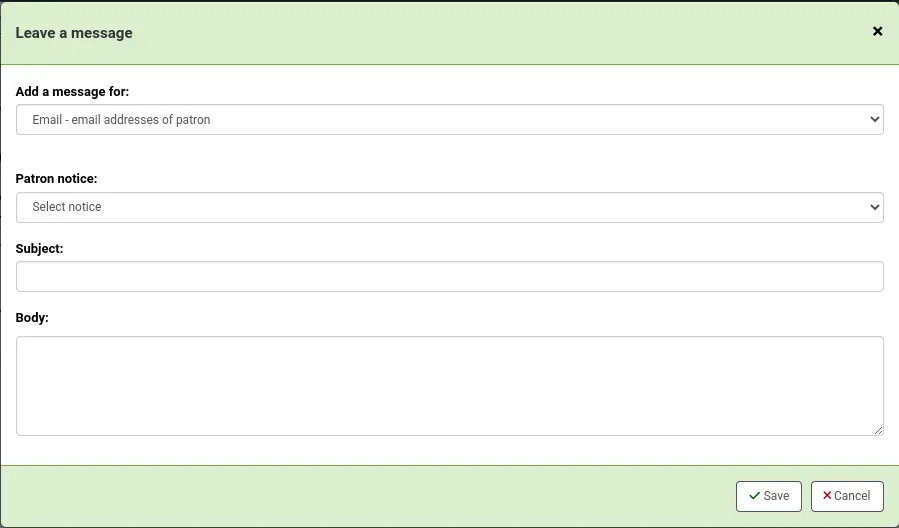 Pop-up modal for 'Add message' with the option 'Add a message for Email - email addresses of patron' chosen