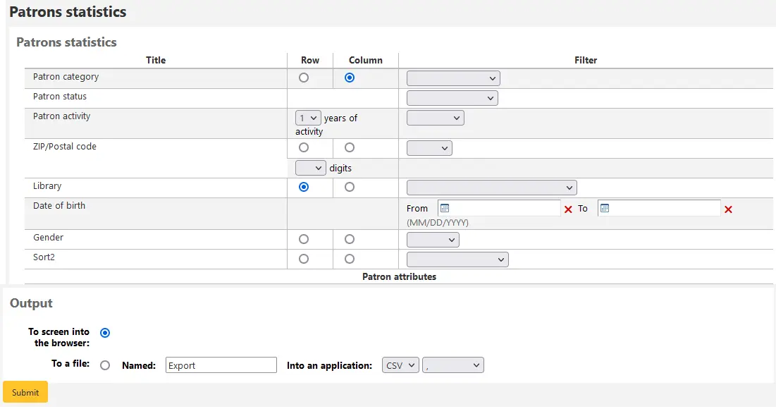 View of patron form for patron statistics