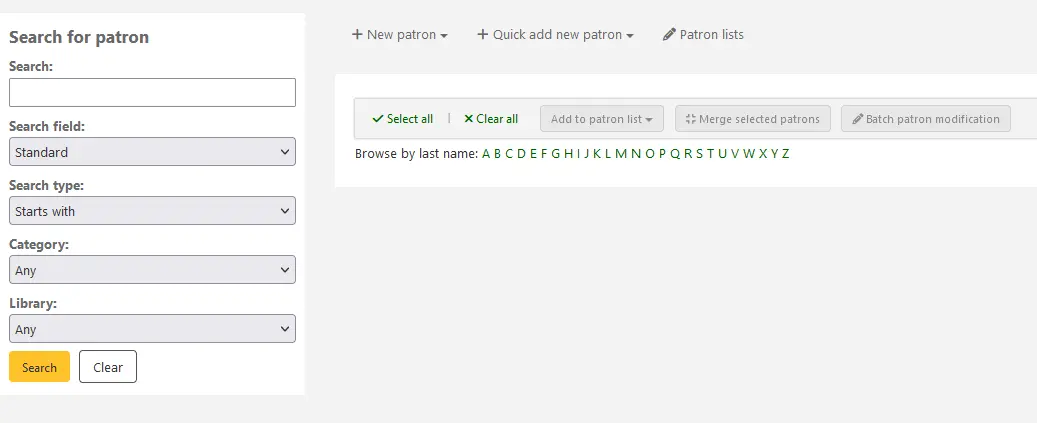 Form showing a search field and several other fields for filtering patron searches