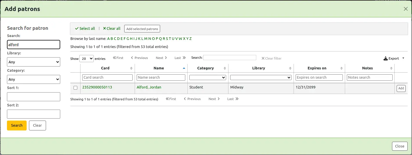 Pop up window for patron search, titled 'Add patrons'. On the left side are search fields: search (text field), library (library dropdown), category (patron category dropdown), sort 1 (text field), sort 2 (text field), with 'Search' and 'Clear' buttons. A search for 'alford' has been done. On the right side are the patron search results showing the card number, name, patron category, library, date of expiry and notes. There is an 'Add' button to add the patron, and a checkbox to select the patron. At the top of the table, there is a button to 'Add selected patrons'. At the bottom of the pop-up, there is a 'Close' button.