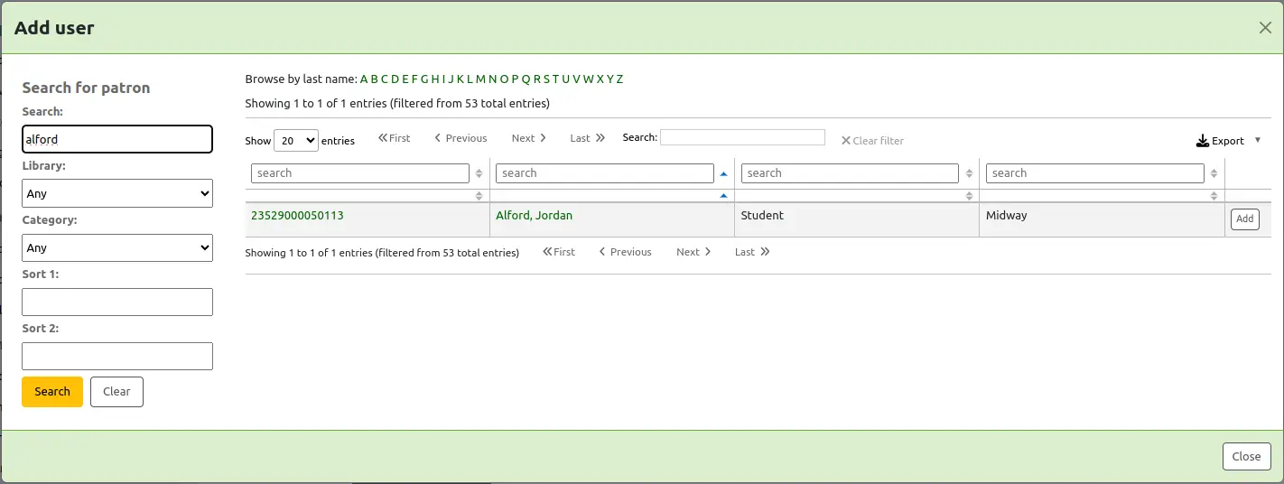 Pop up window for patron search, titled 'Add user'. On the left side are search fields: search (text field), library (library dropdown), category (patron category dropdown), sort 1 (text field), sort 2 (text field), with 'Search' and 'Clear' buttons. A search for 'alford' has been done. On the right side are the patron search results showing the card number, name, patron category, and library. There is an 'Add' button to add the patron. At the bottom of the pop-up, there is a 'Close' button.