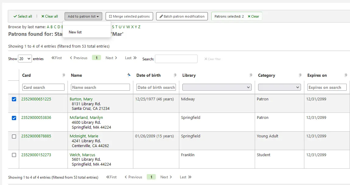 Patron search results table with the first two results selected and the dropdown menu "Add to patron list" showing the option to create a new list
