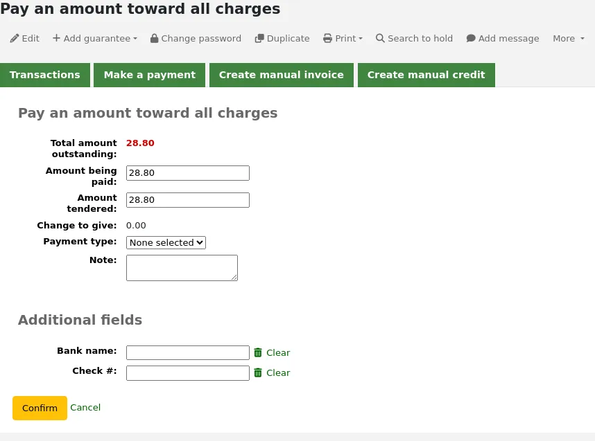 Form to pay an amount towards all charges