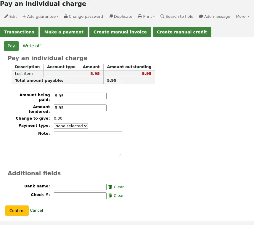 Form to pay an individual charge