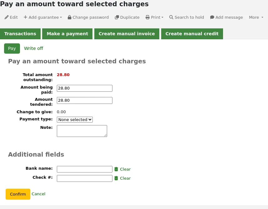 Form to pay an amount towards selected charges