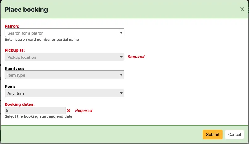 Place booking modal, with input fields labeled: Patron, Pickup at, Itemtype, Item, Booking dates.