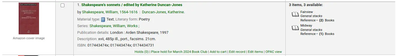 Single search result in the staff interface, among the options at the bottom, there is Holds and Place hold for March 2024 Book Club