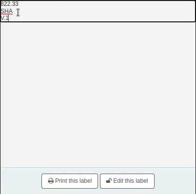 Quick spine label printing page, the callnumber is displayed in the page, and at the bottom, there are two buttons 'Print this label', and 'Edit this label'; The lock icon next to the 'Edit this label' button is unlocked, the mouse cursor is on the callnumber and there are additional characters