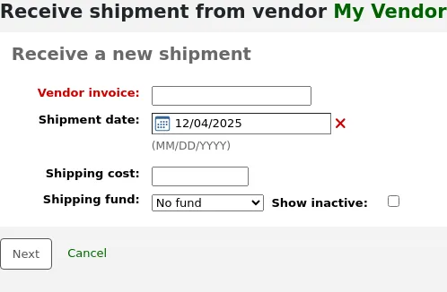 Receive a new shipment form
