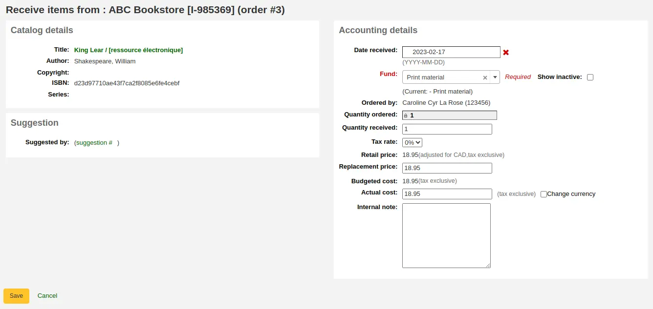Item receive page (the item is created at cataloging)