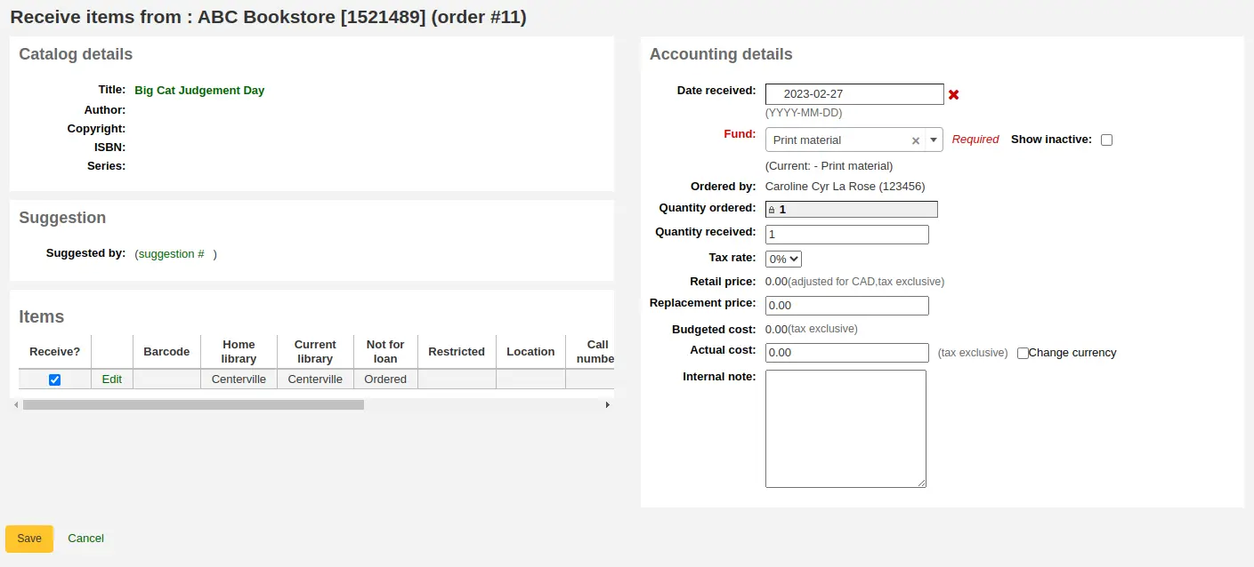 Item receive page (the item is created when placing the order)