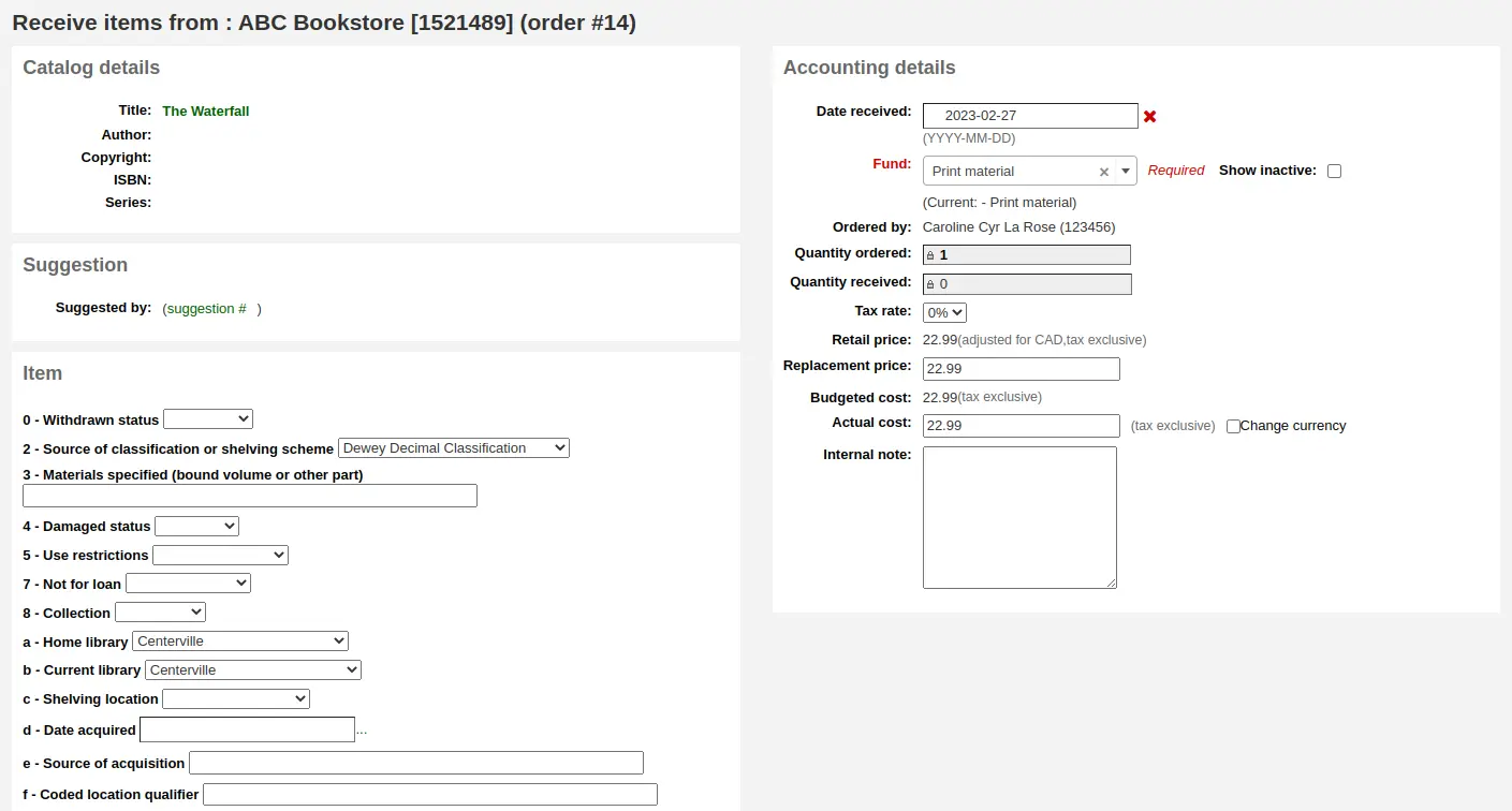 Item receive page (the item is created when receiving the order)