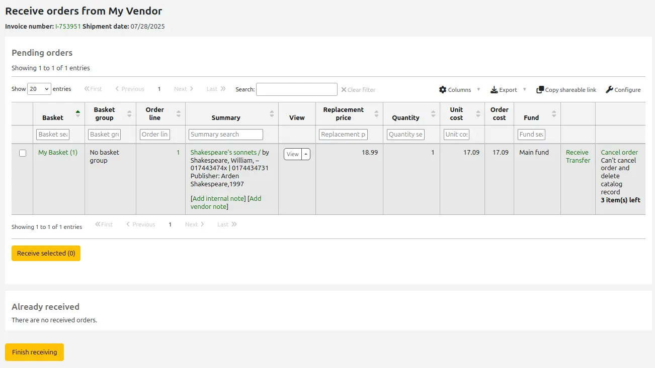 List of all pending orders (not yet received)